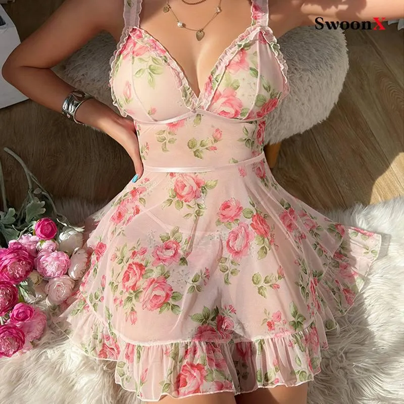 Sensual Sheer Floral Sleepwear Set with G-String