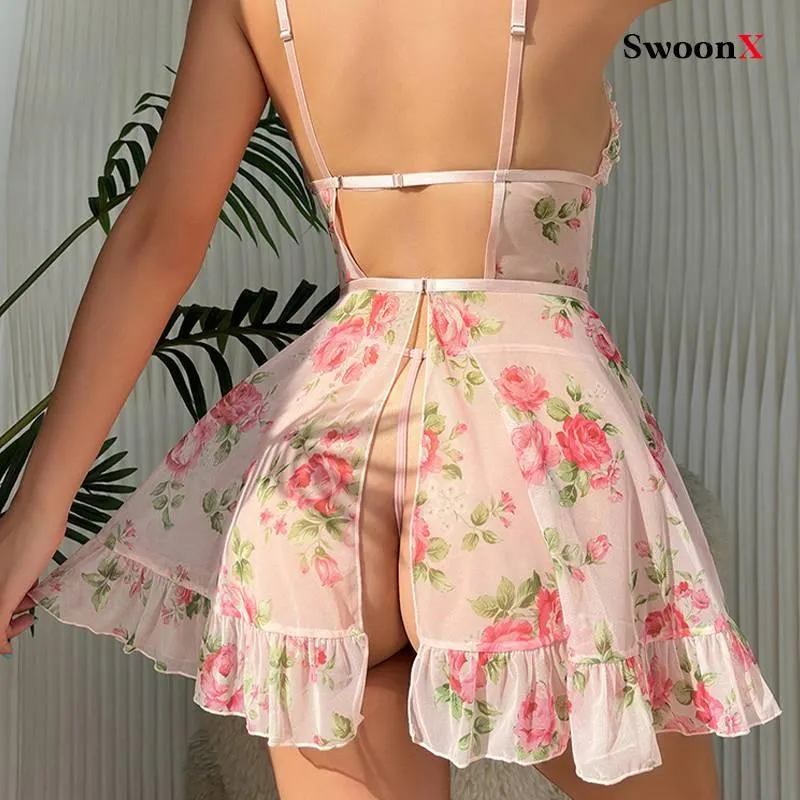 Sensual Sheer Floral Sleepwear Set with G-String