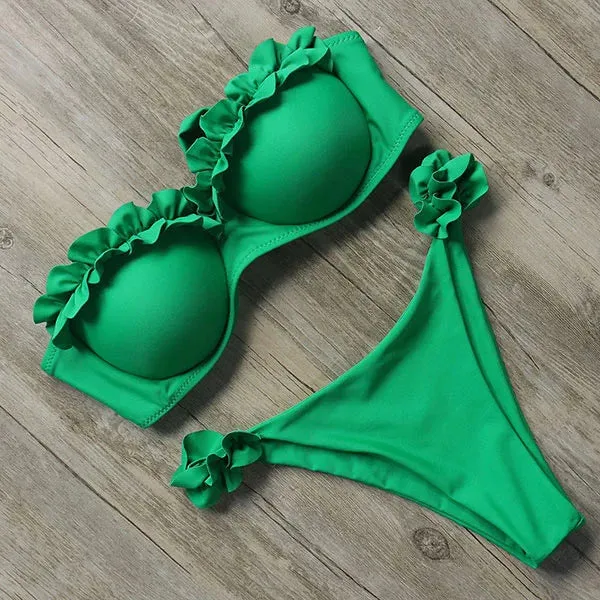 Sexy Bandeau Thong Ruffle Bikini Set
