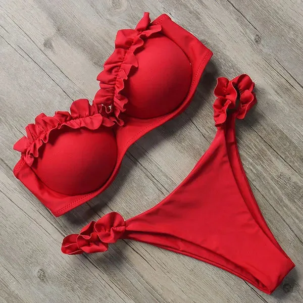 Sexy Bandeau Thong Ruffle Bikini Set