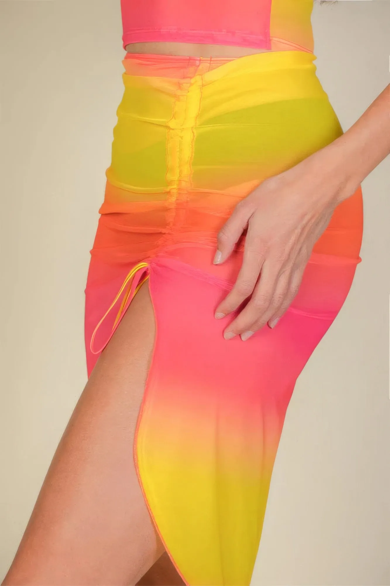 Sheer Mesh Drawstring Ruched Skirt