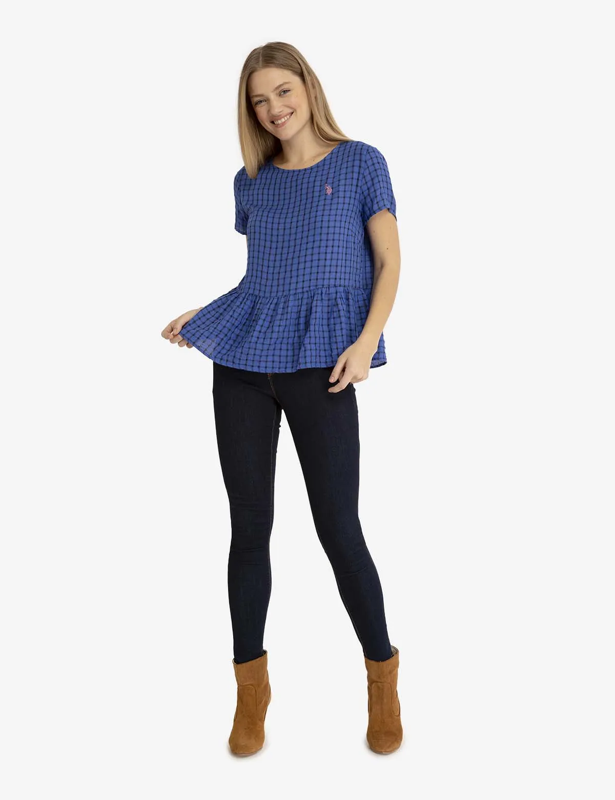 SHORT SLEEVE PEPLUM GRID TOP