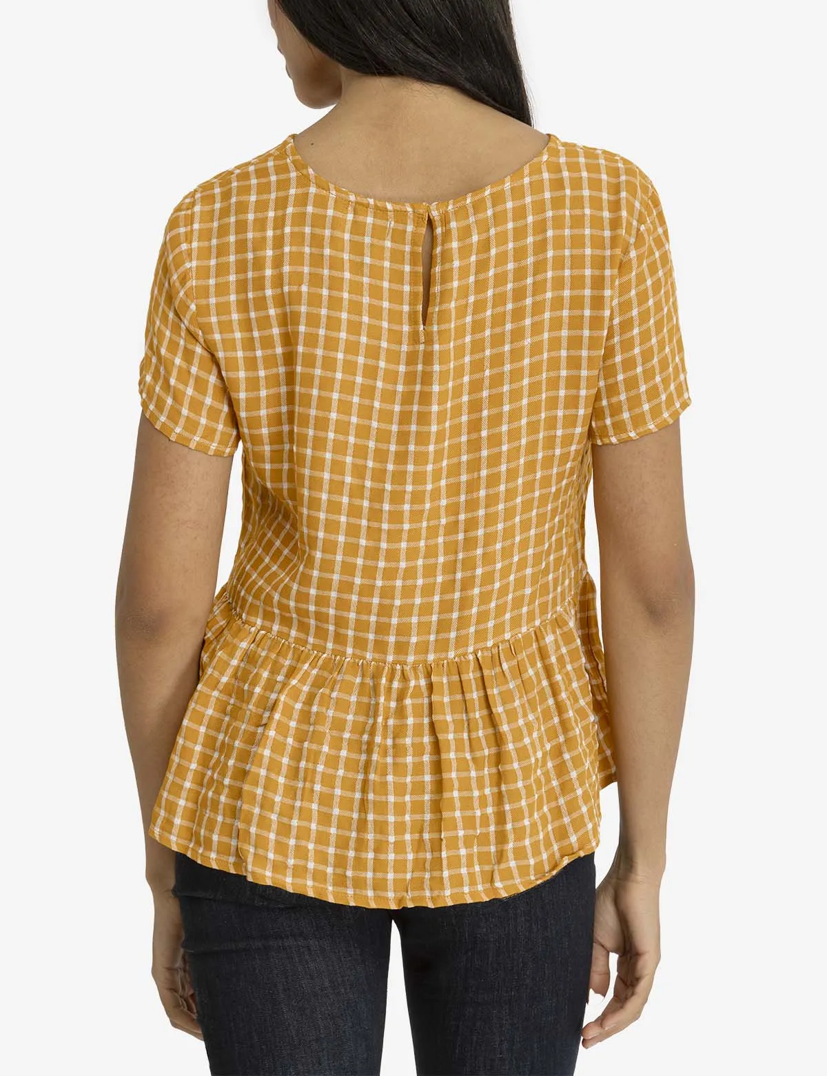 SHORT SLEEVE PEPLUM GRID TOP