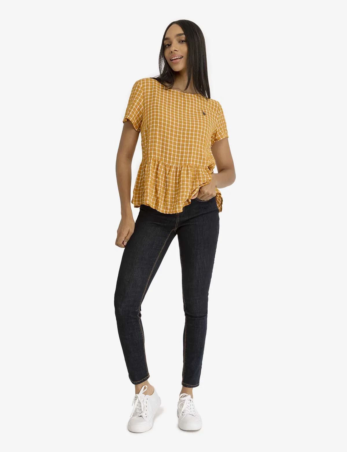 SHORT SLEEVE PEPLUM GRID TOP