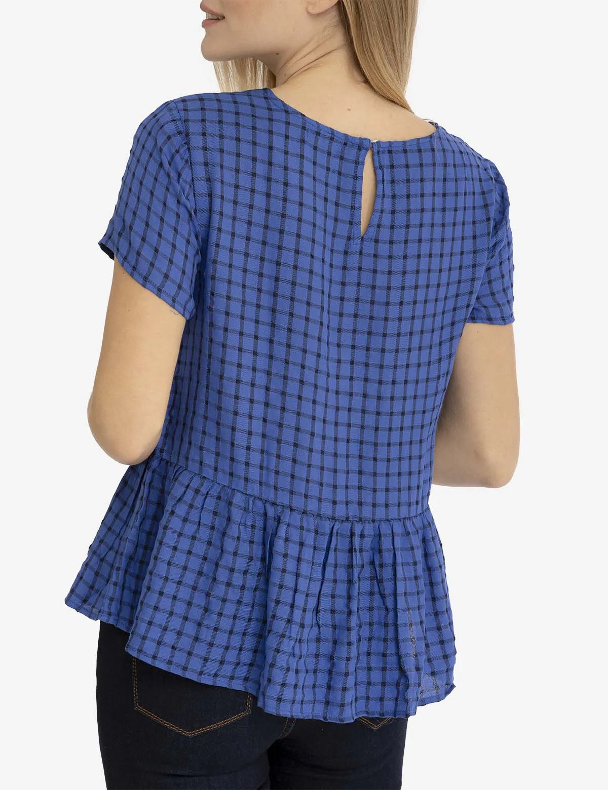 SHORT SLEEVE PEPLUM GRID TOP