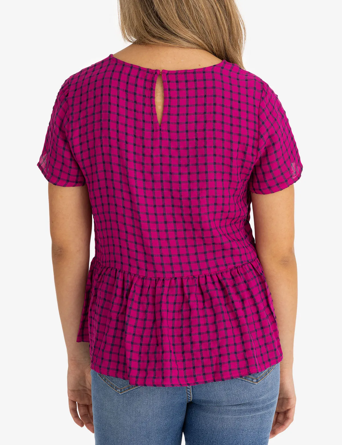 SHORT SLEEVE PEPLUM GRID TOP