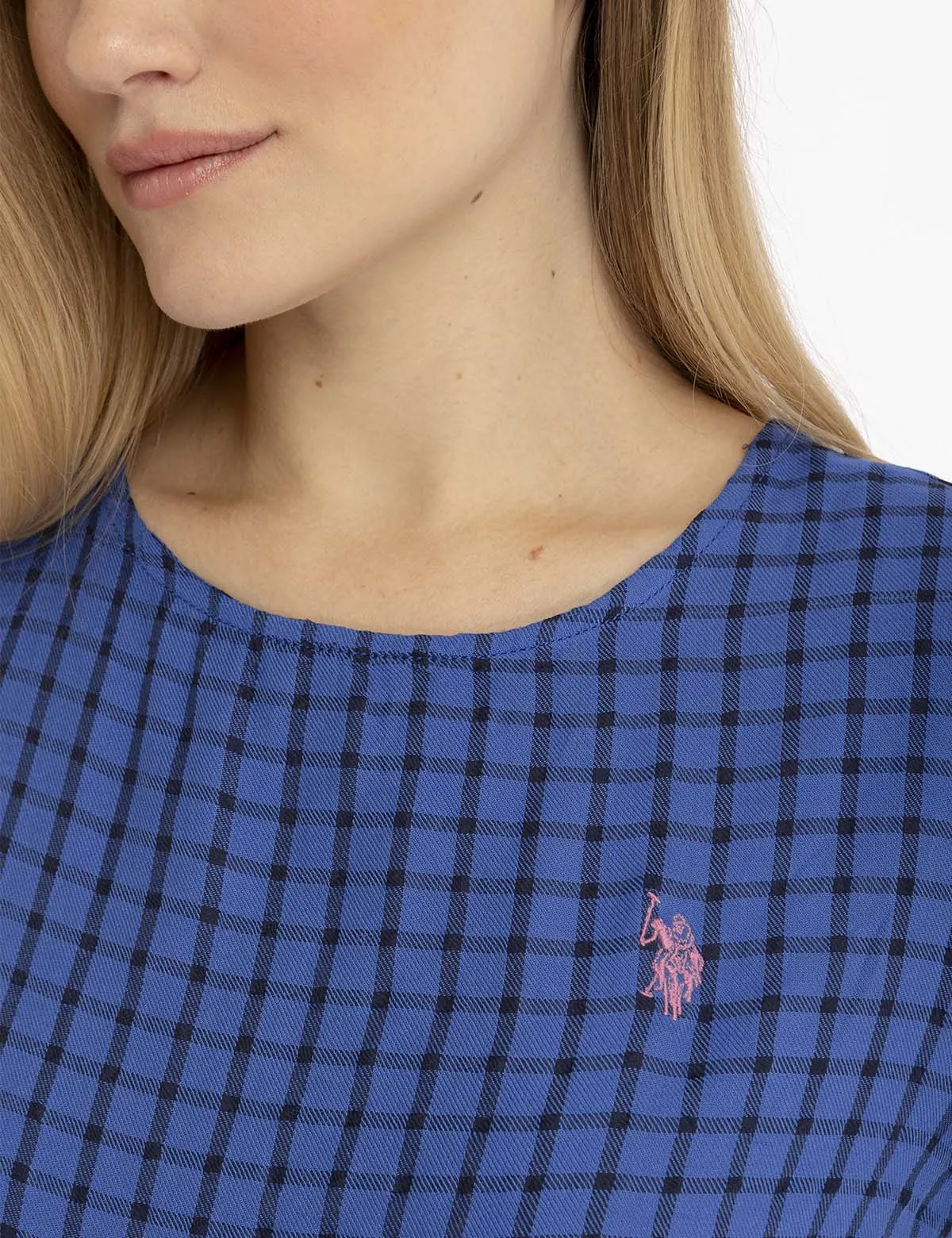 SHORT SLEEVE PEPLUM GRID TOP