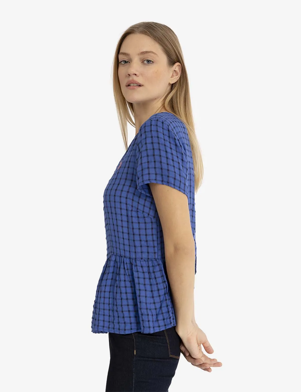 SHORT SLEEVE PEPLUM GRID TOP