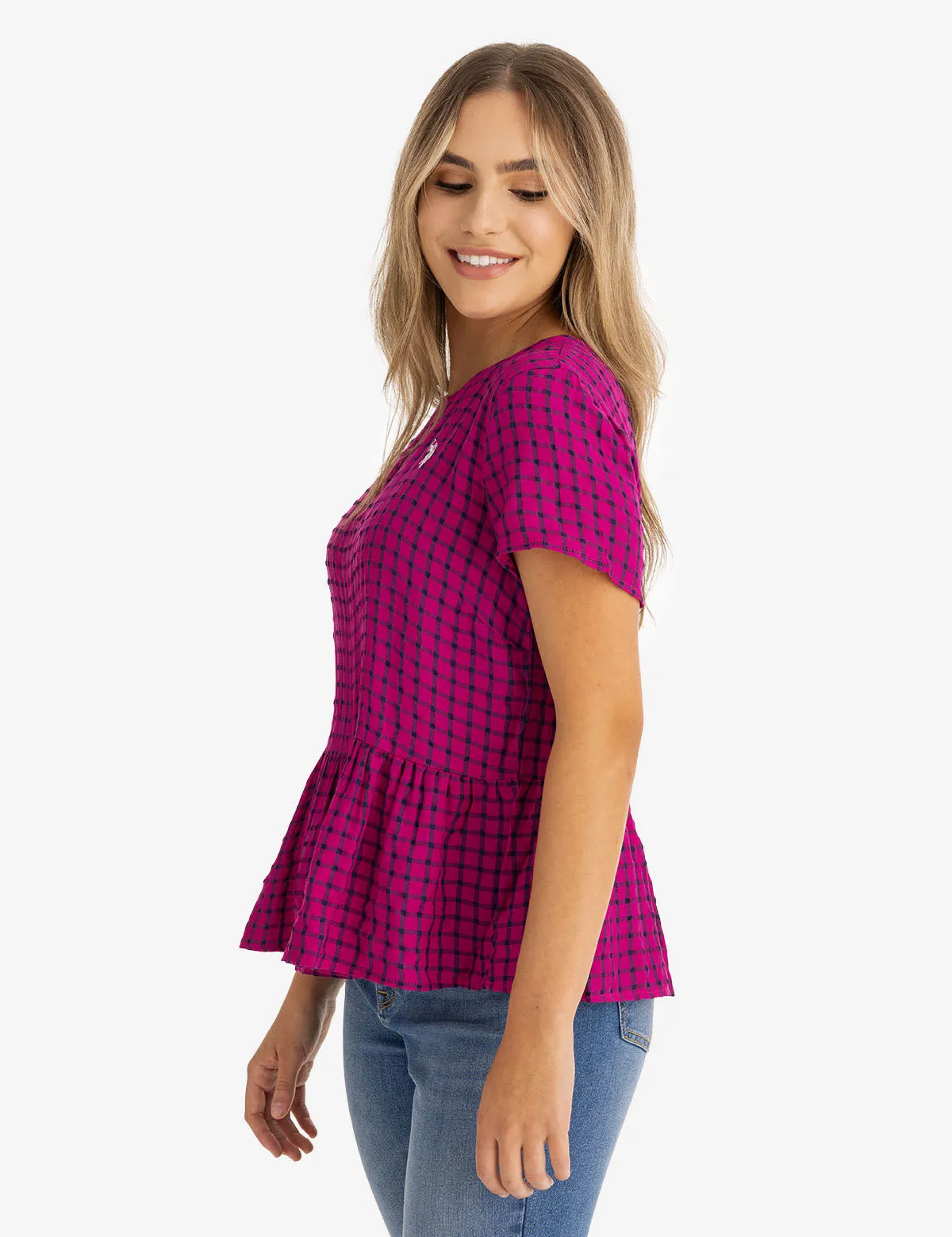 SHORT SLEEVE PEPLUM GRID TOP