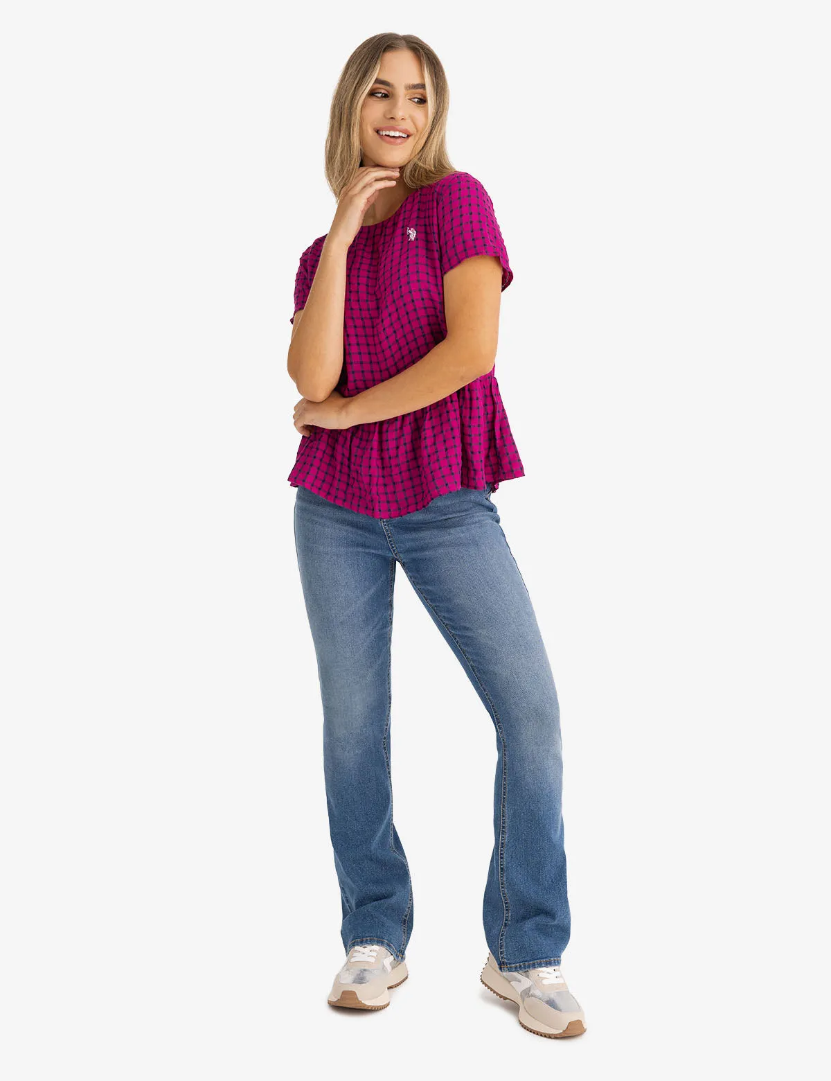 SHORT SLEEVE PEPLUM GRID TOP