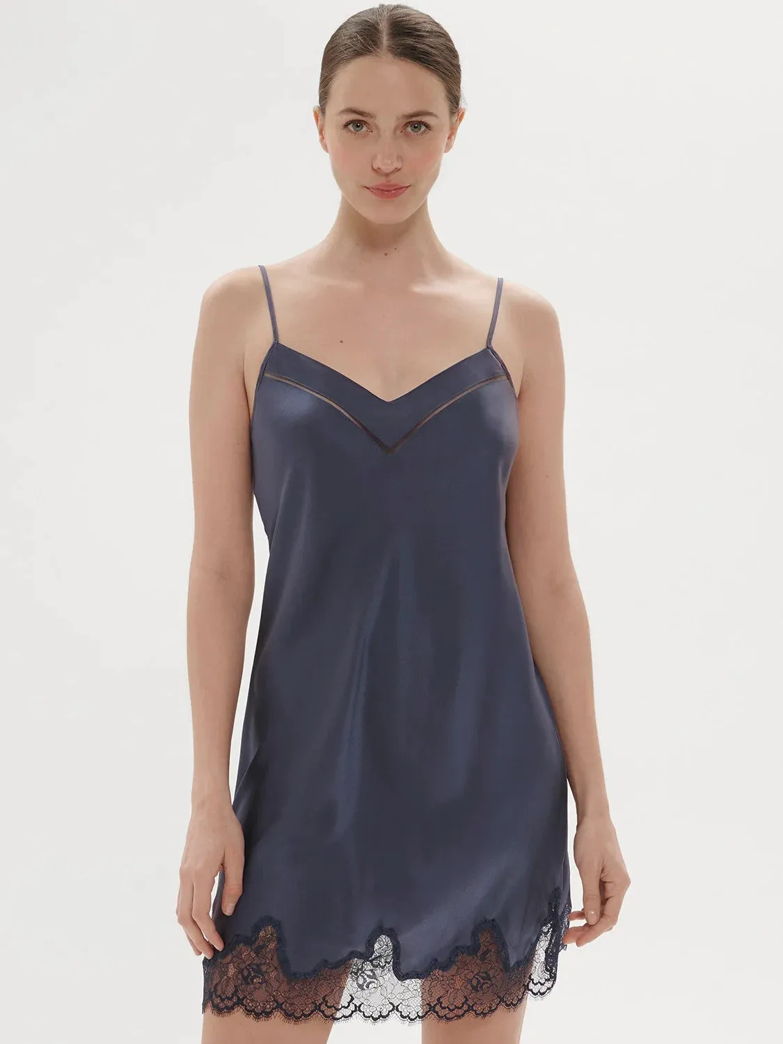 Simone Perele Nocturne Silk Chemise - Cinder Blue