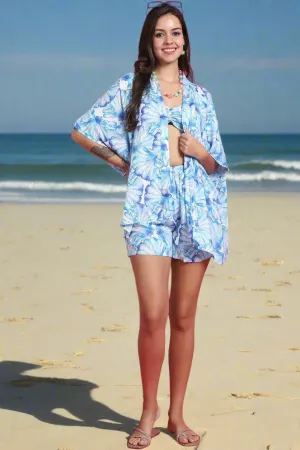 Sky Blue Color Floral Printed Viscose Rayon 3 pcs Coverup Set With Robe Beachwear For Woman