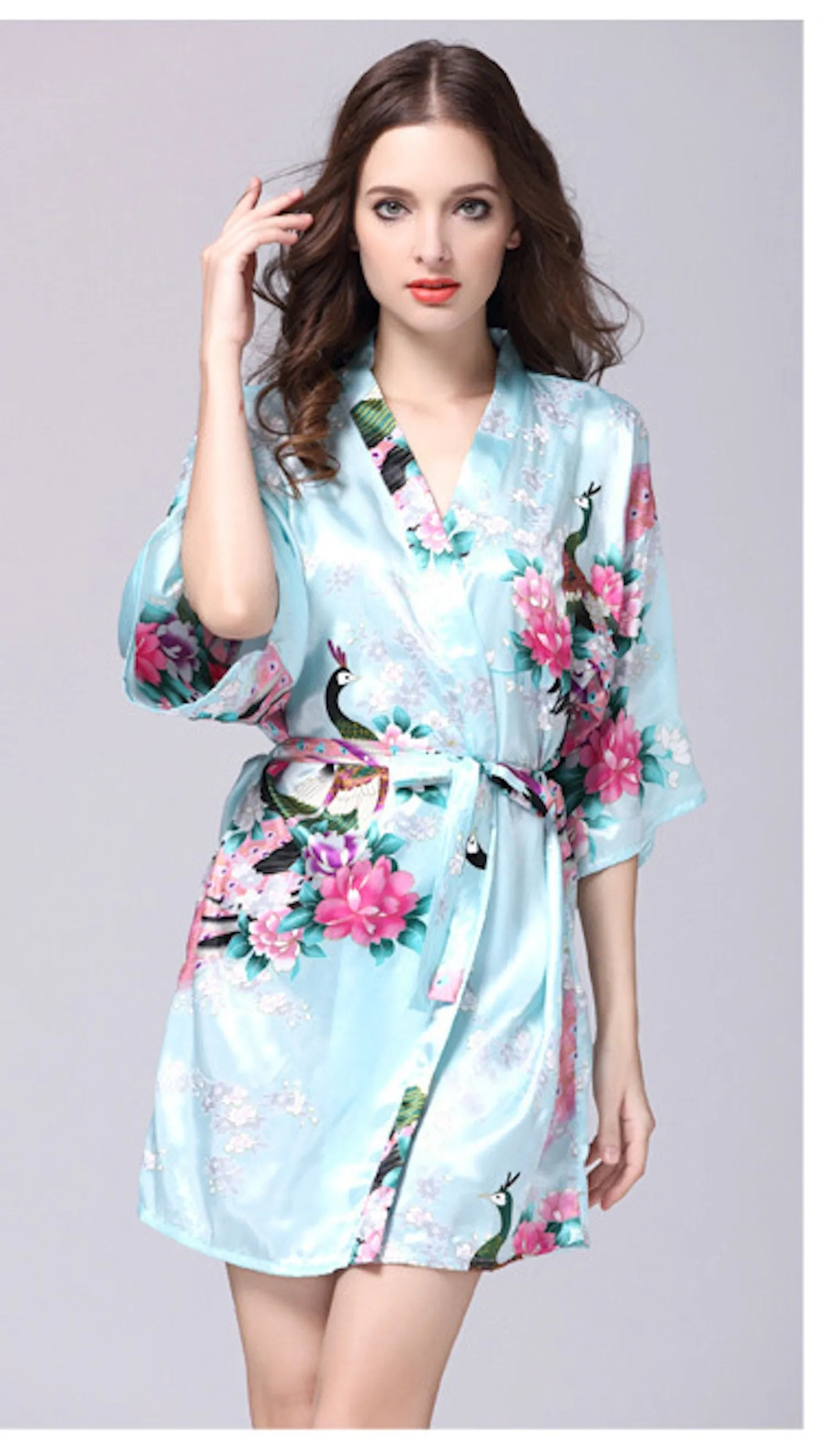 Sky Blue Floral Printed Sleepwear for Women - 1 Piece Nightwear with Belt