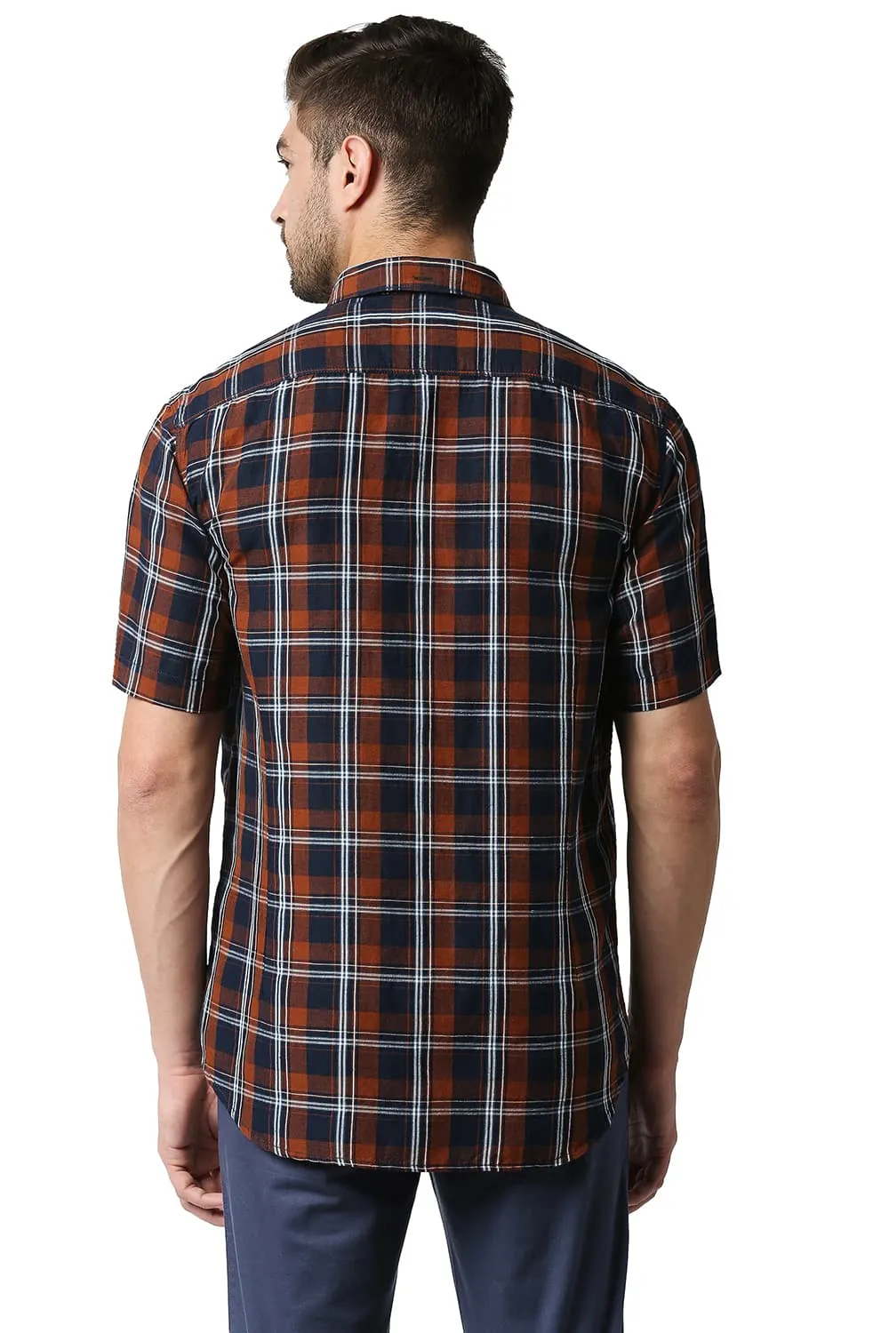 Slim Fit Cotton Linen Checks Halfsleeves Shirt