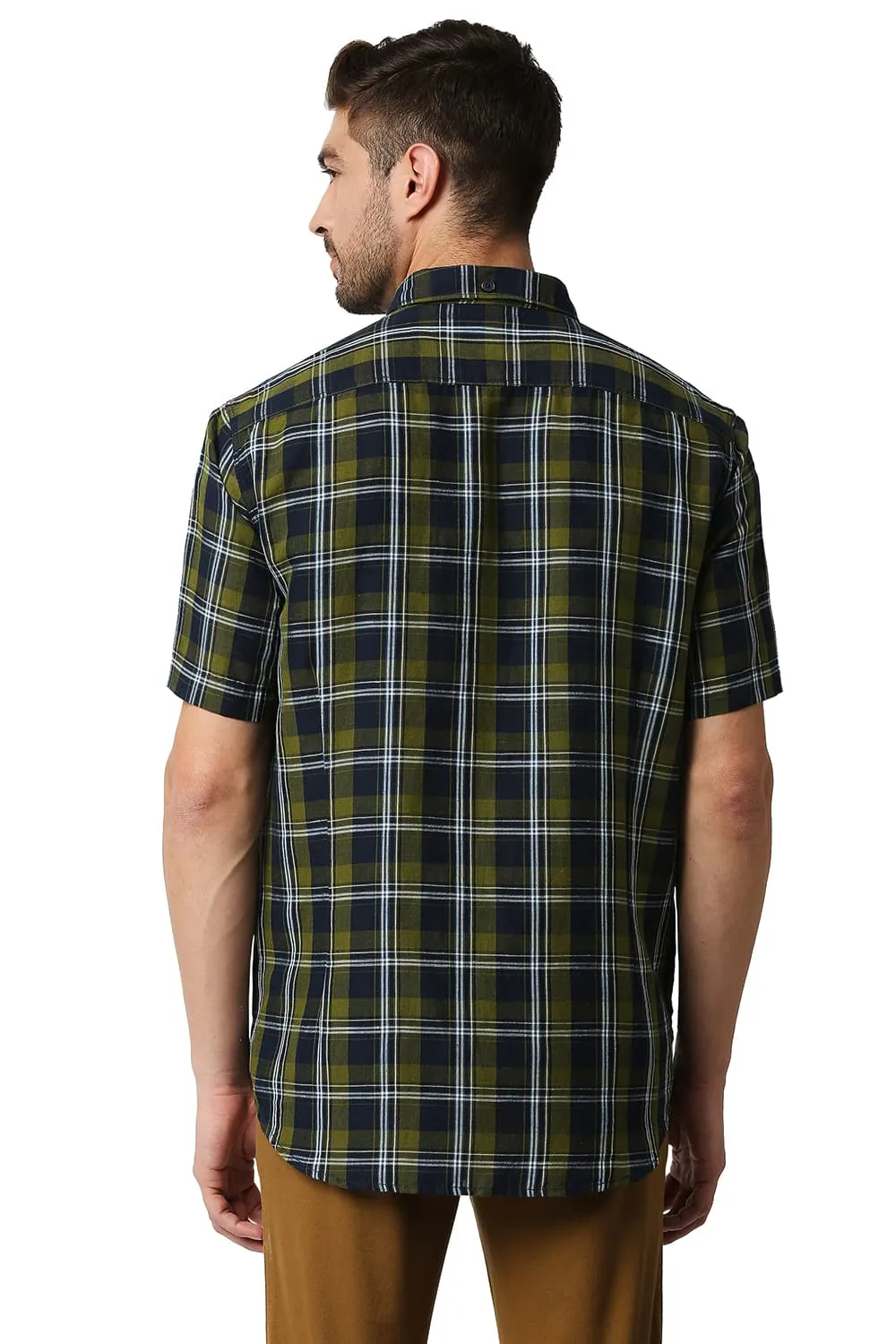 Slim Fit Cotton Linen Checks Halfsleeves Shirt