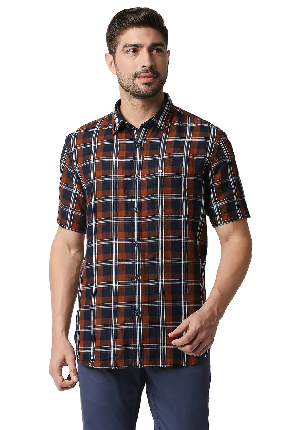 Slim Fit Cotton Linen Checks Halfsleeves Shirt