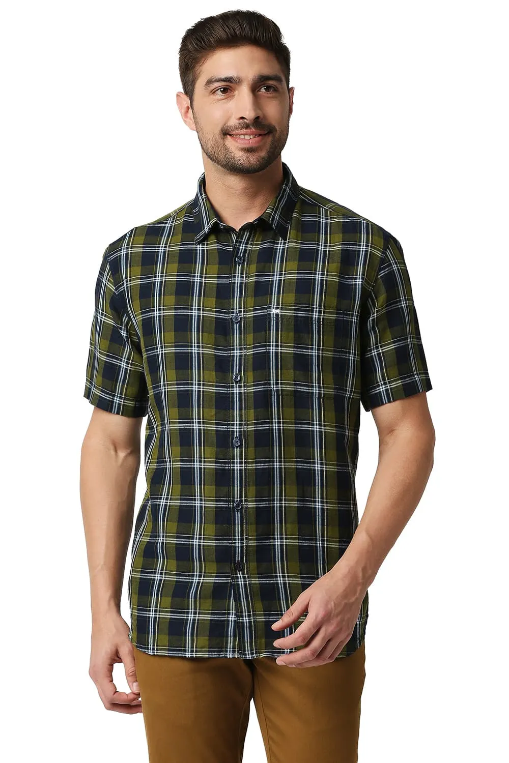 Slim Fit Cotton Linen Checks Halfsleeves Shirt