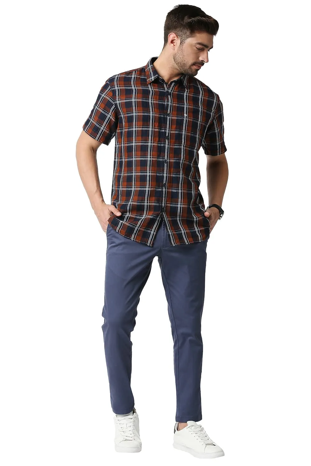 Slim Fit Cotton Linen Checks Halfsleeves Shirt