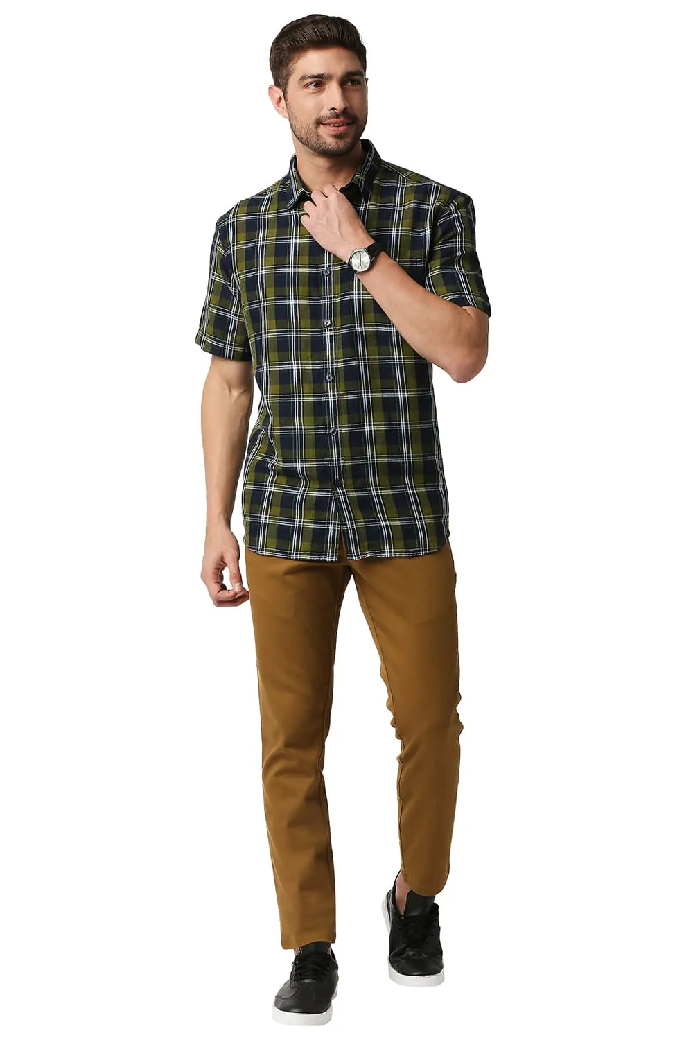 Slim Fit Cotton Linen Checks Halfsleeves Shirt