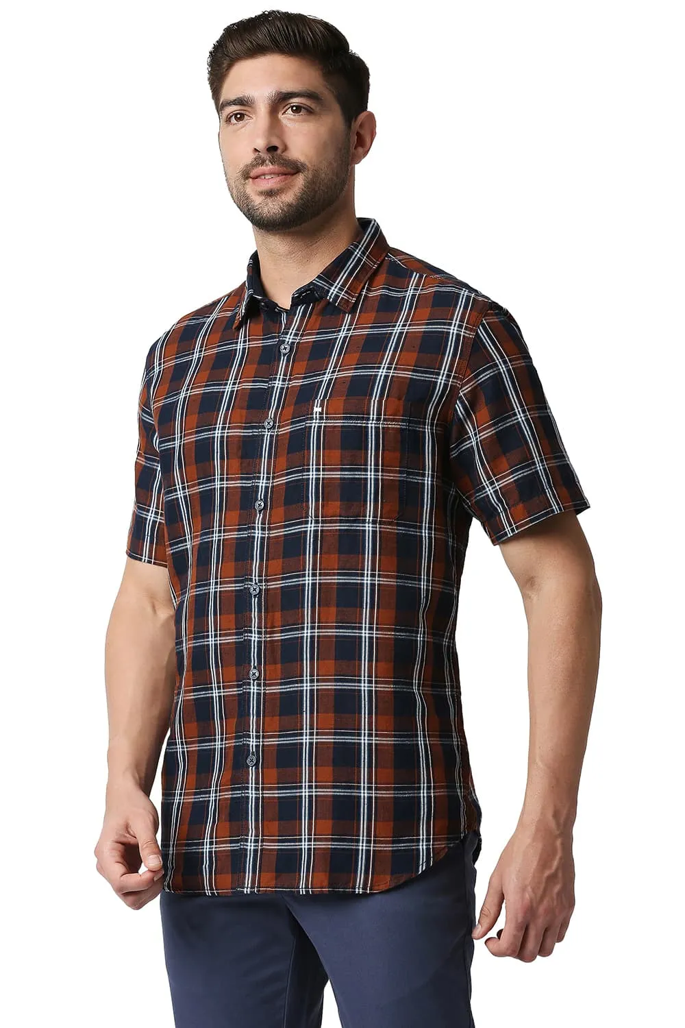 Slim Fit Cotton Linen Checks Halfsleeves Shirt
