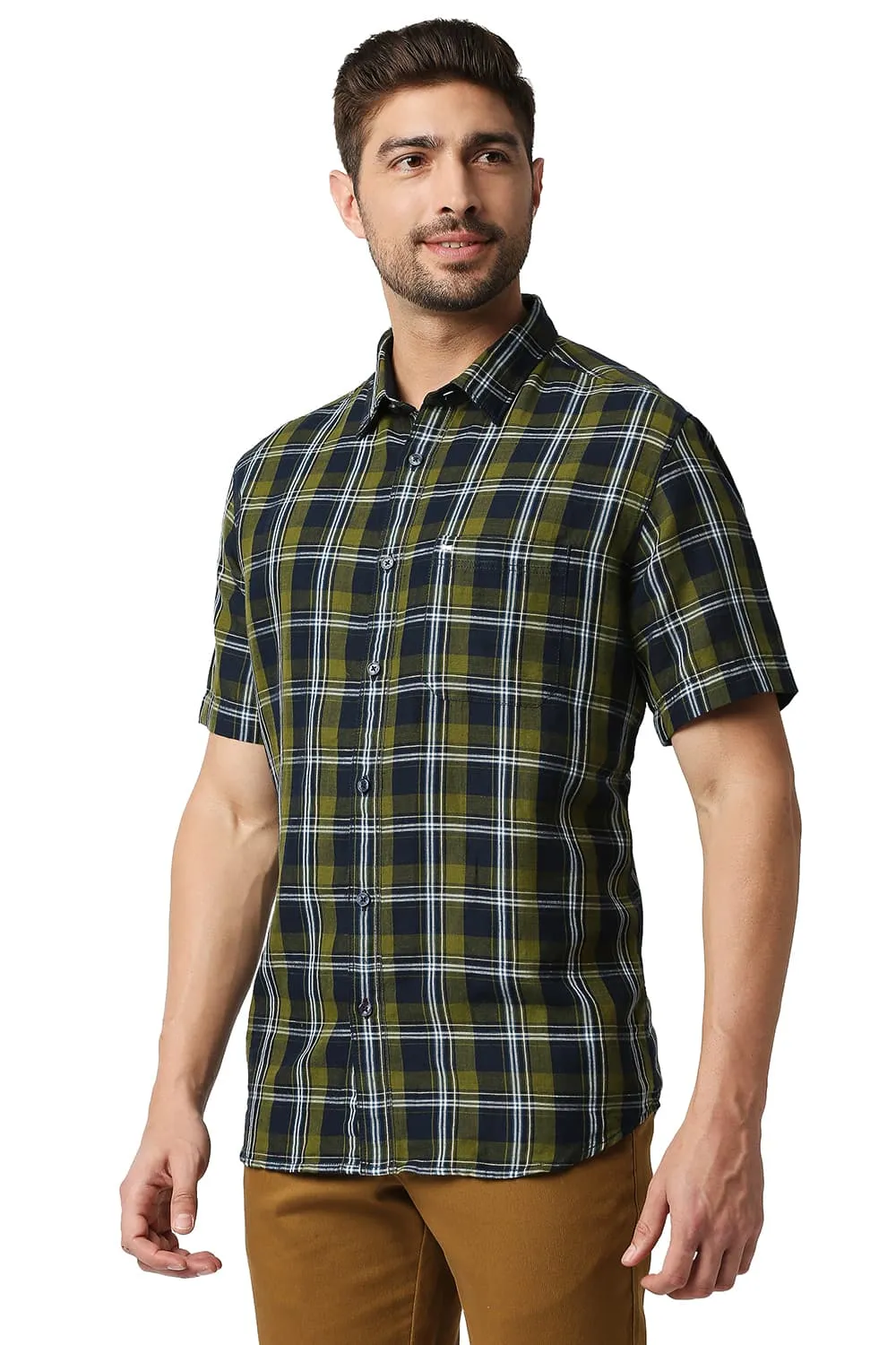 Slim Fit Cotton Linen Checks Halfsleeves Shirt