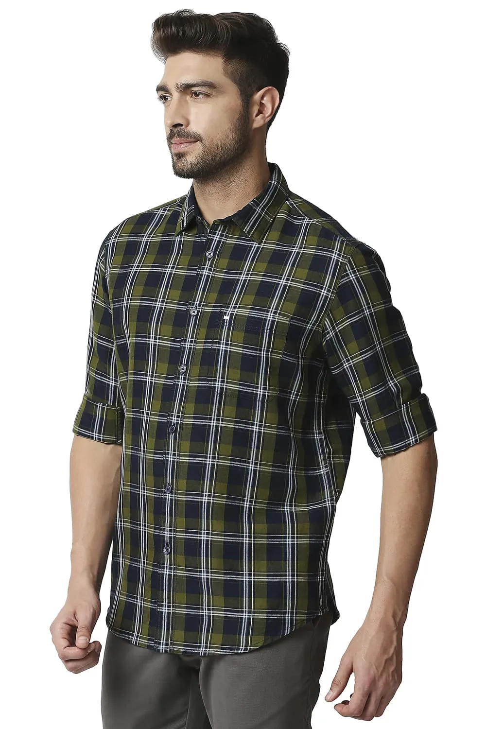 Slim Fit Cotton Linen Checks Shirt