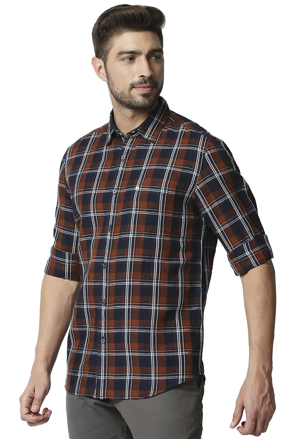 Slim Fit Cotton Linen Checks Shirt