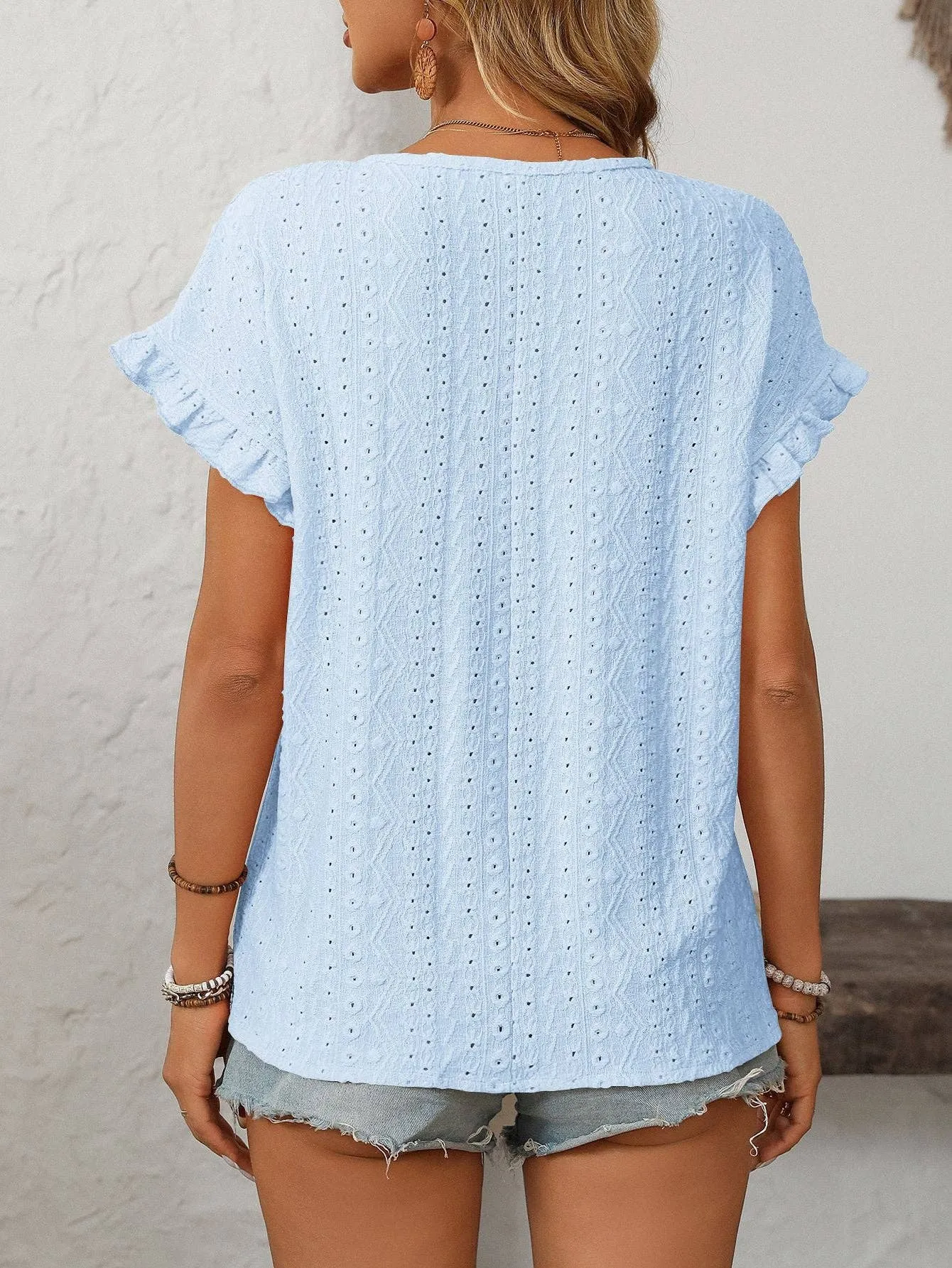 Solid Color Crewneck Sweet Short-Sleeve Hollow-Out Top