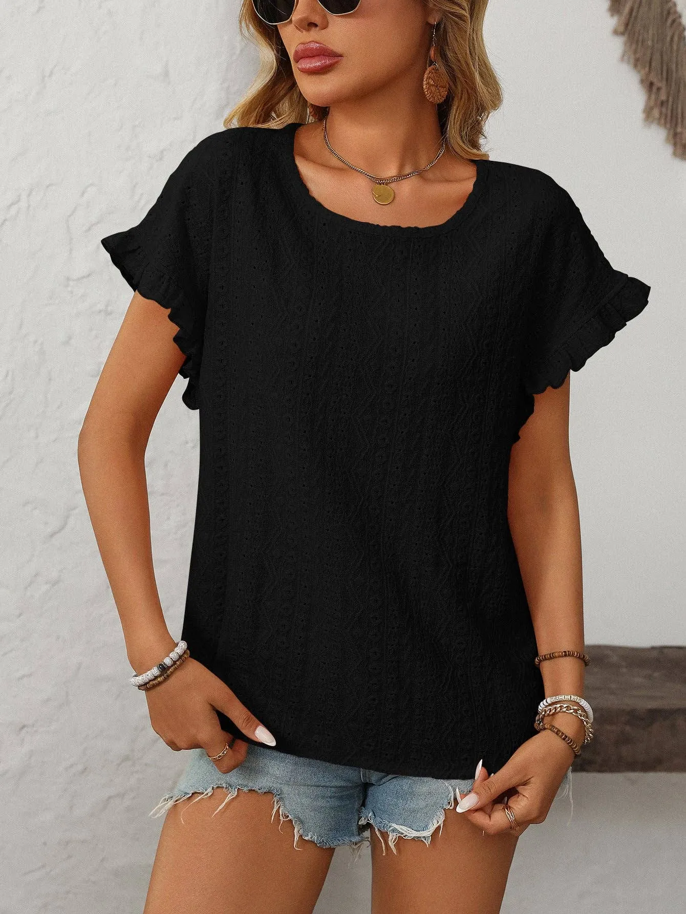 Solid Color Crewneck Sweet Short-Sleeve Hollow-Out Top
