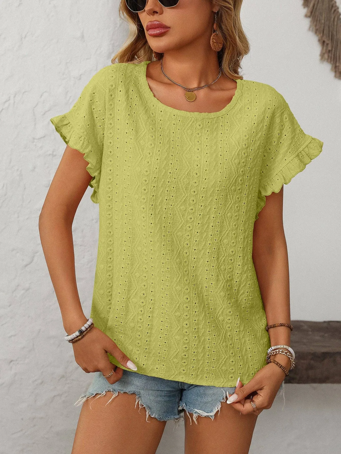 Solid Color Crewneck Sweet Short-Sleeve Hollow-Out Top