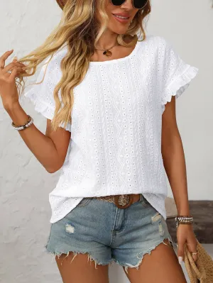 Solid Color Crewneck Sweet Short-Sleeve Hollow-Out Top