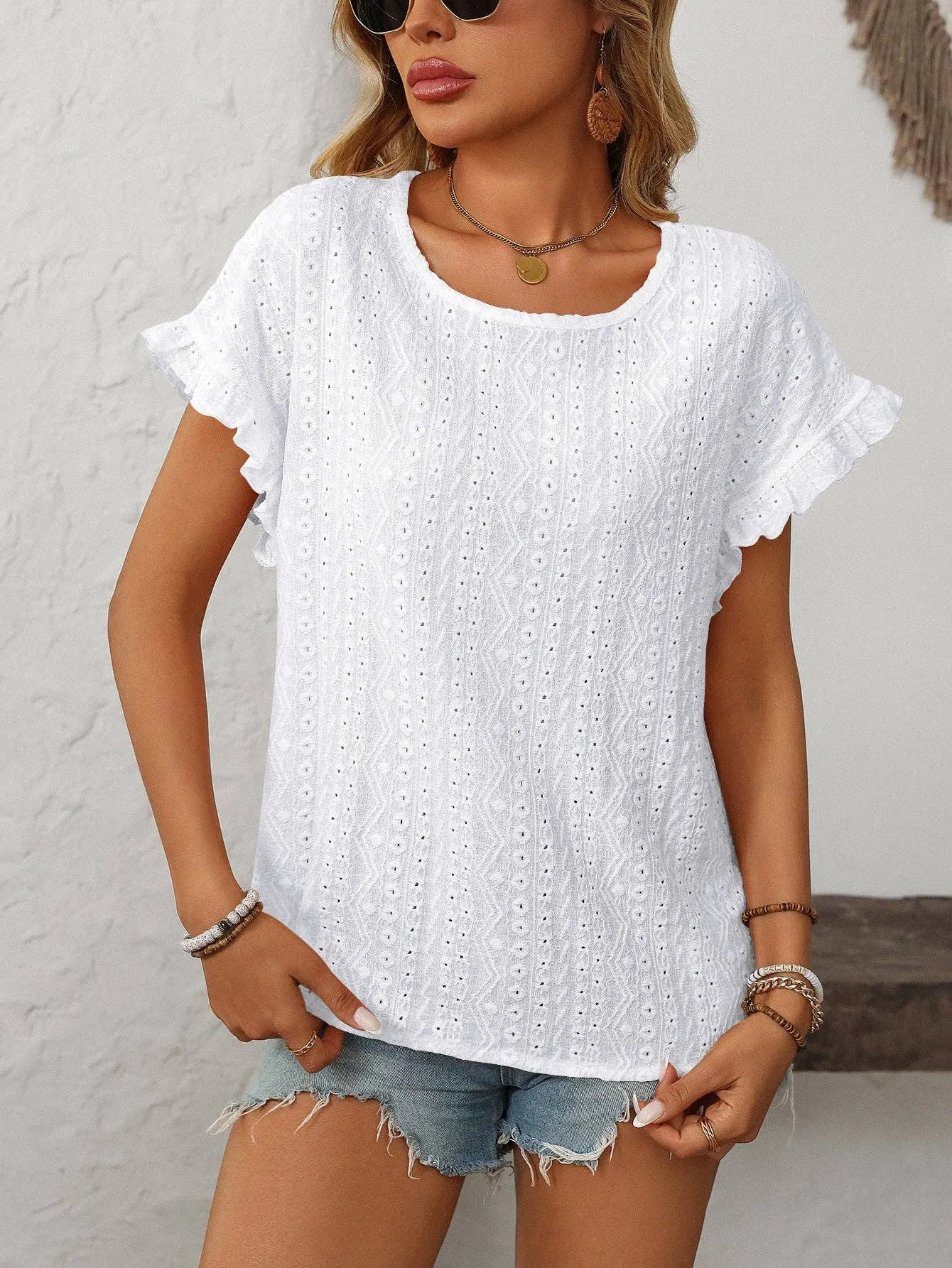 Solid Color Crewneck Sweet Short-Sleeve Hollow-Out Top