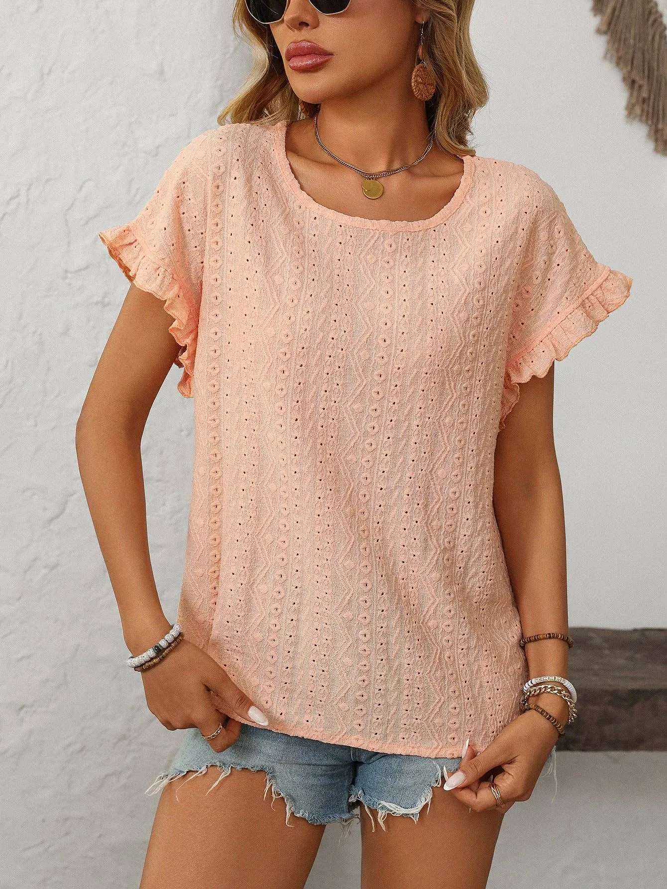 Solid Color Crewneck Sweet Short-Sleeve Hollow-Out Top