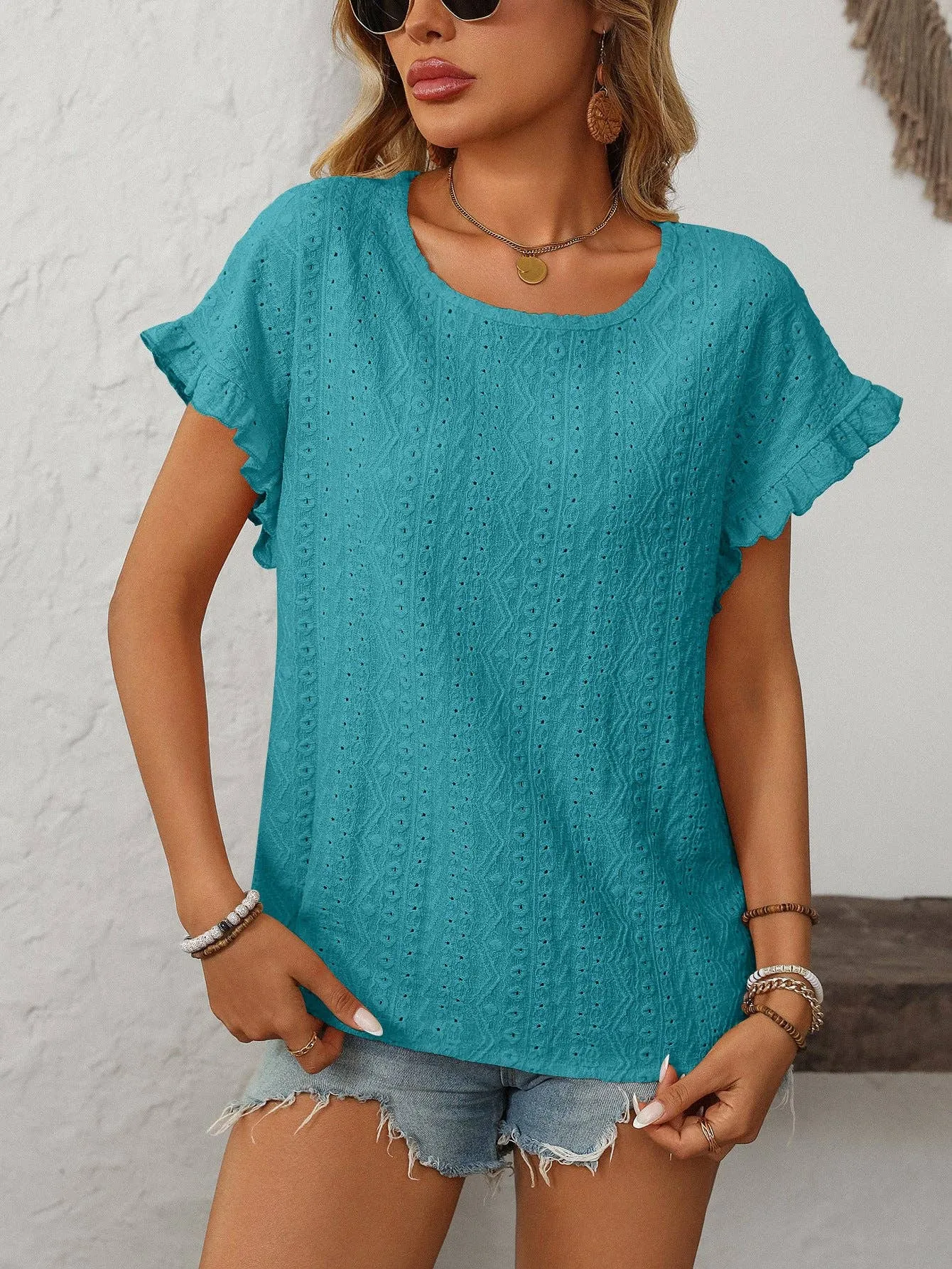 Solid Color Crewneck Sweet Short-Sleeve Hollow-Out Top
