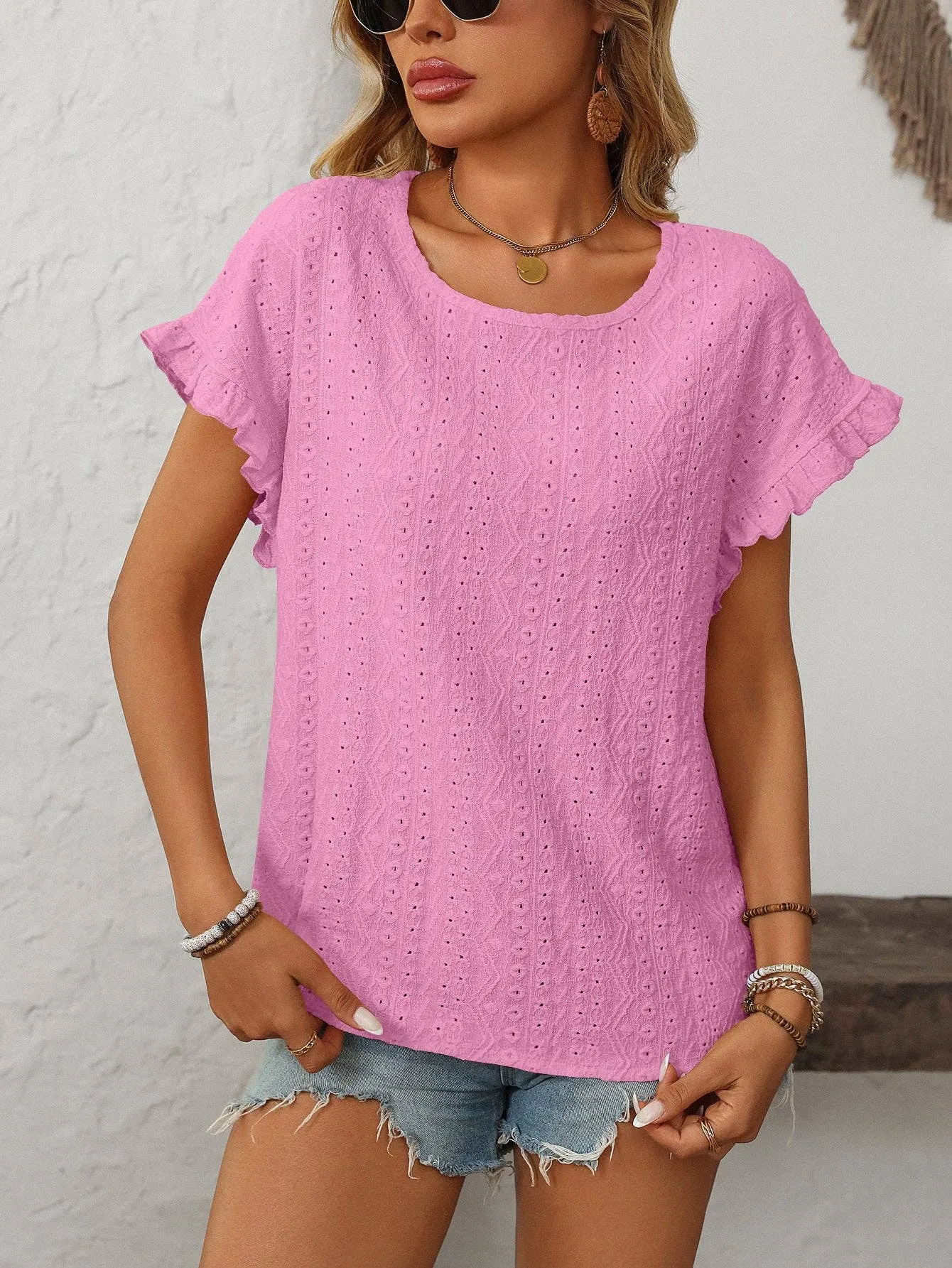 Solid Color Crewneck Sweet Short-Sleeve Hollow-Out Top