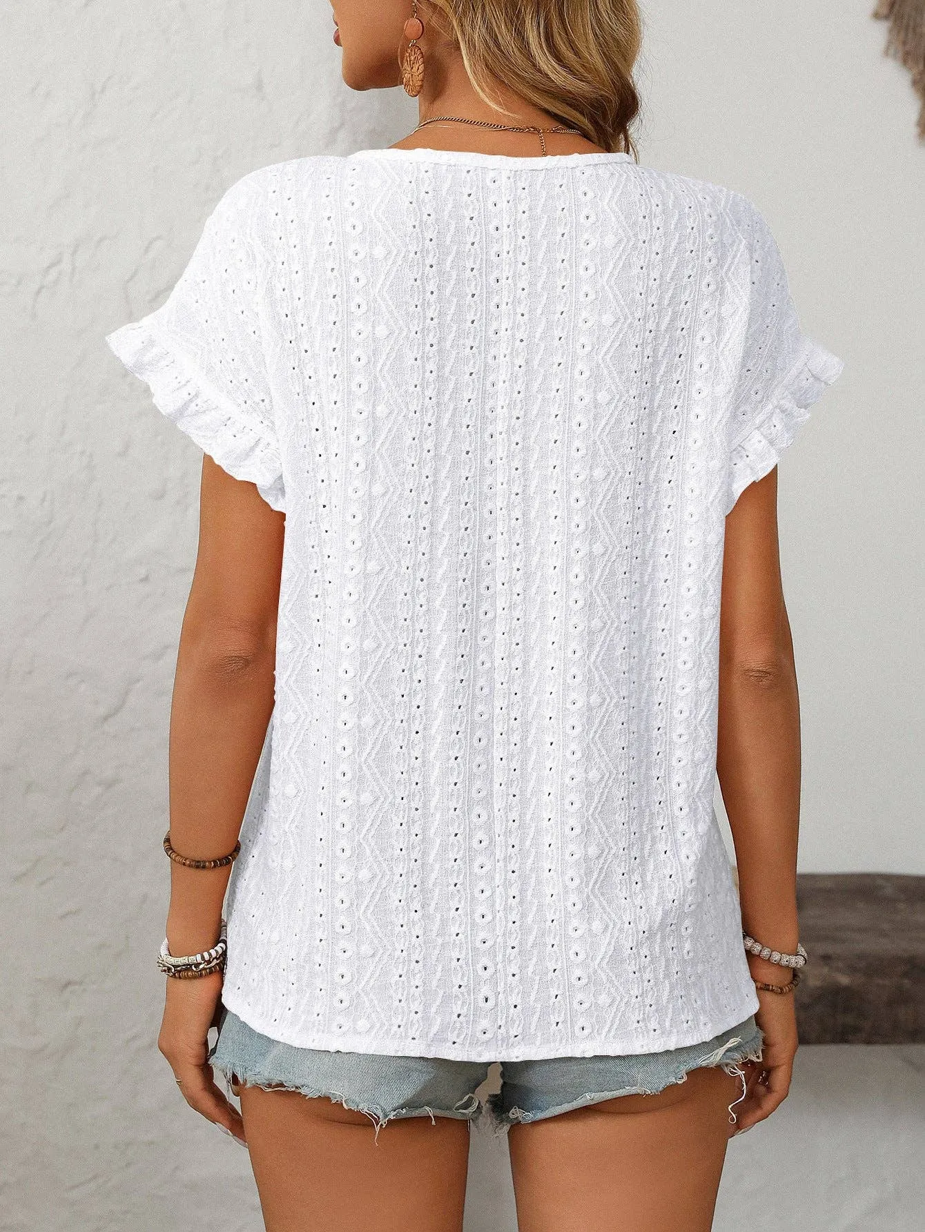 Solid Color Crewneck Sweet Short-Sleeve Hollow-Out Top