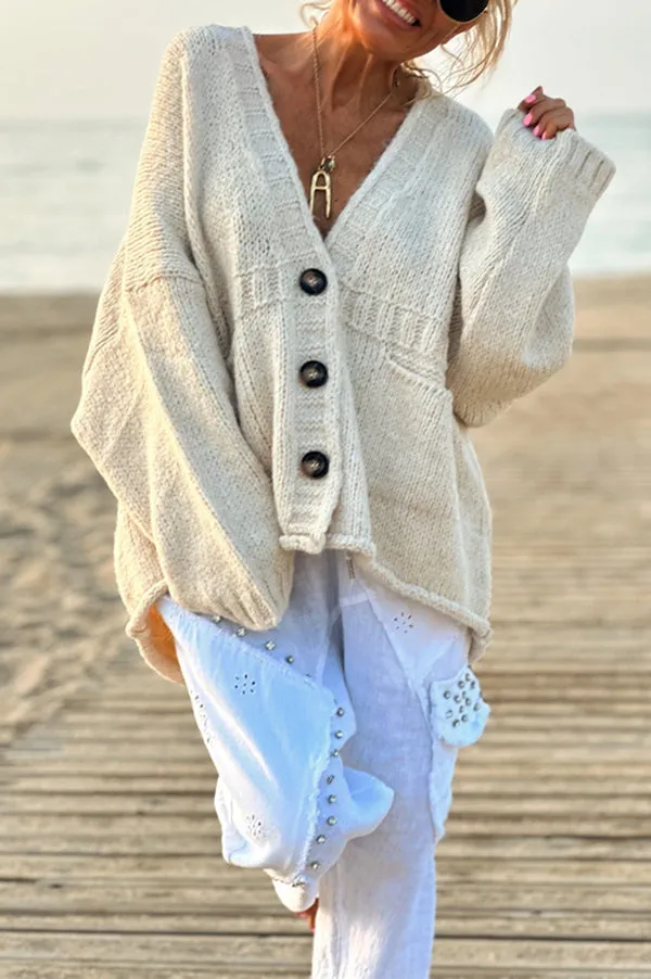 Solid Color Loose Long Sleeve V-neck Pocket Knitted Sweater Cardigan