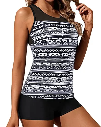 Sporty Two Piece Bathing Suit Mesh Shoulder Flattering Fit For Women-Black Tribal