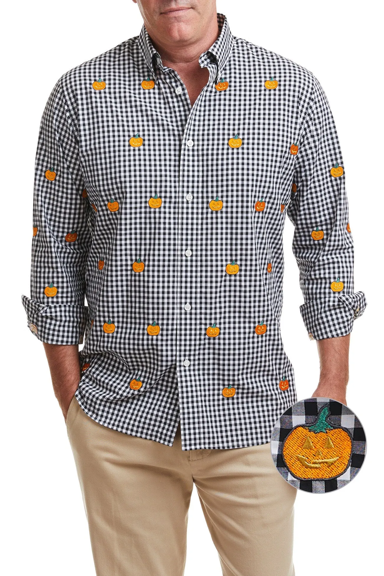 Straight Wharf Shirt Wide Gingham Black with Jack O'Lantern