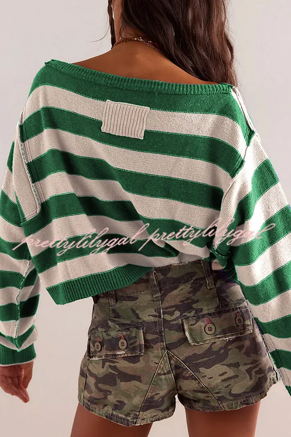 Striped Print Crew Neck Long Sleeve Loose Knitted Sweater