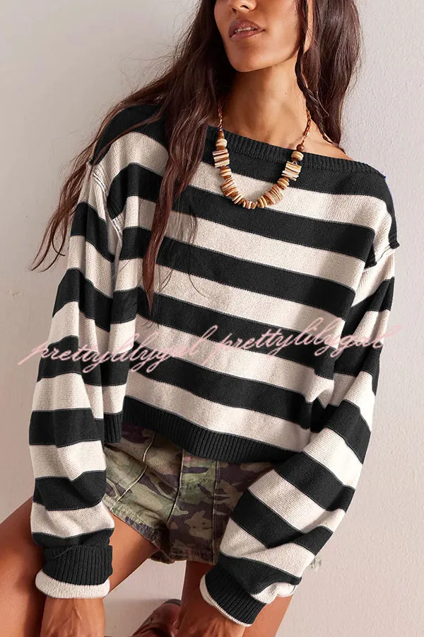 Striped Print Crew Neck Long Sleeve Loose Knitted Sweater