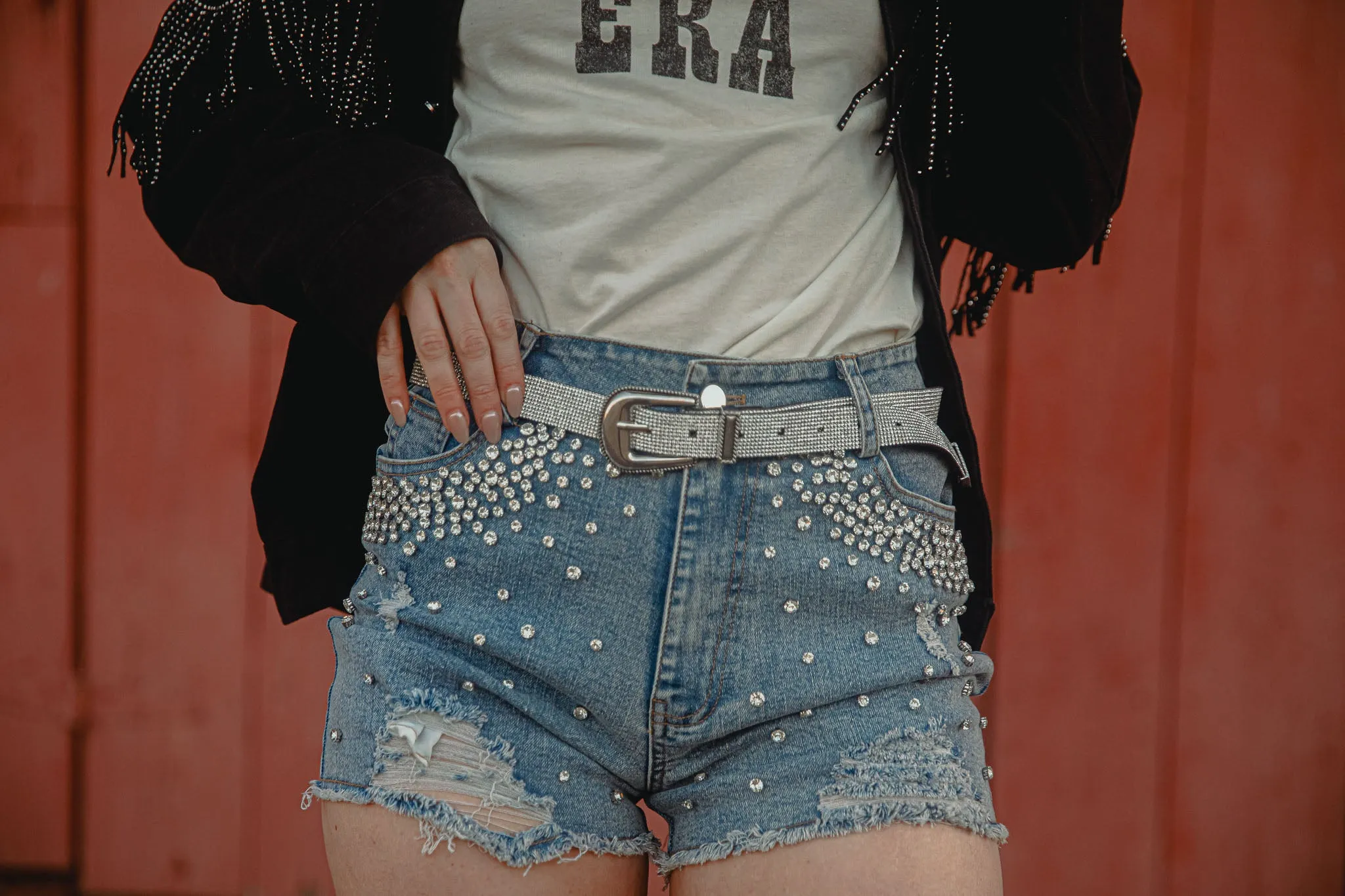 Studded Rhinestone Frayed Denim Shorts