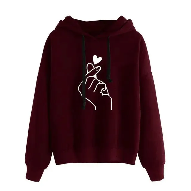 Stylish women's stylish hoodies with printed phrase meaning love.