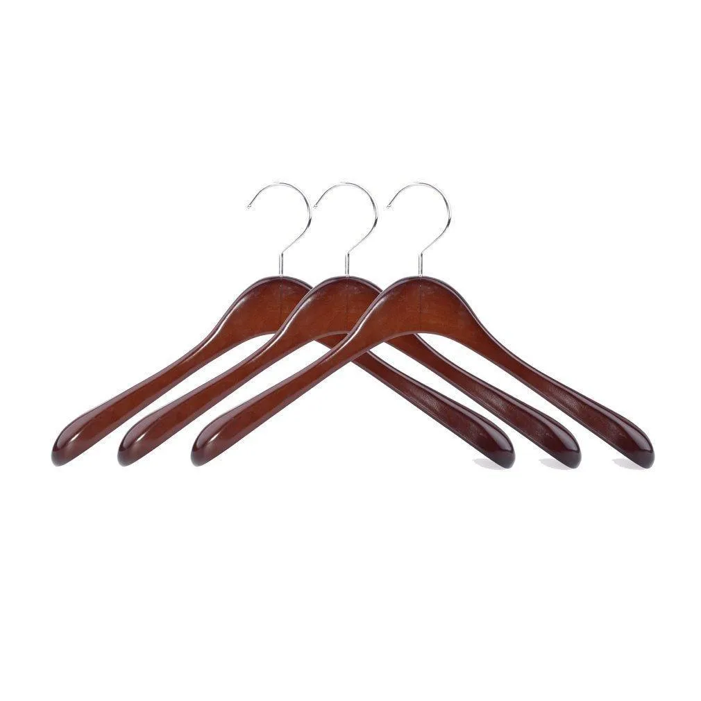 Superior Gugertree Wooden Wide Shoulder Coat Hanger, Women Clothing Hangers with Polished Chrome Hook, Attractive Walnut Finish,3-pack