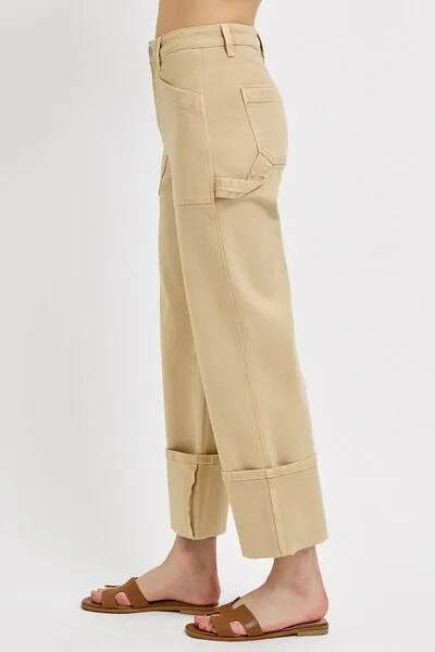 Tan High Rise Wide Straight Cuffed Patch Jeans