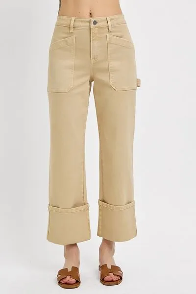 Tan High Rise Wide Straight Cuffed Patch Jeans