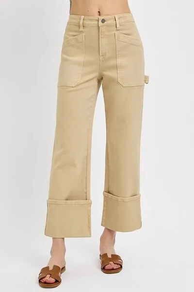 Tan High Rise Wide Straight Cuffed Patch Jeans
