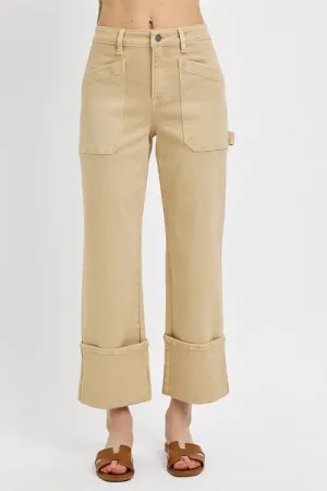 Tan High Rise Wide Straight Cuffed Patch Jeans