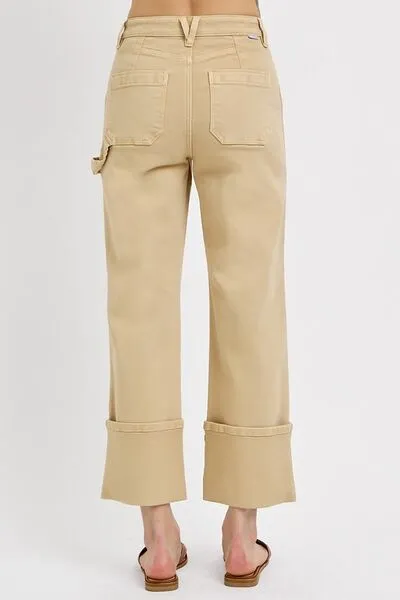 Tan High Rise Wide Straight Cuffed Patch Jeans