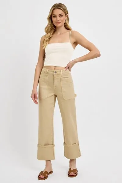 Tan High Rise Wide Straight Cuffed Patch Jeans